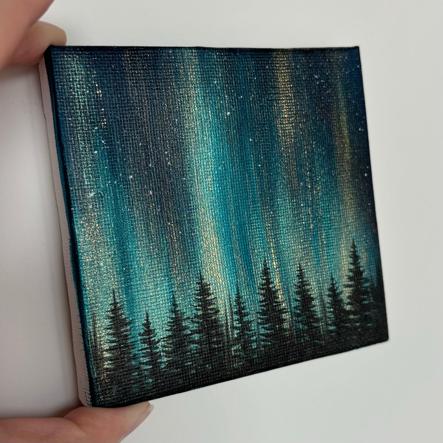 Turquoise Gold Northern Lights - Original Painting 4 x 4”