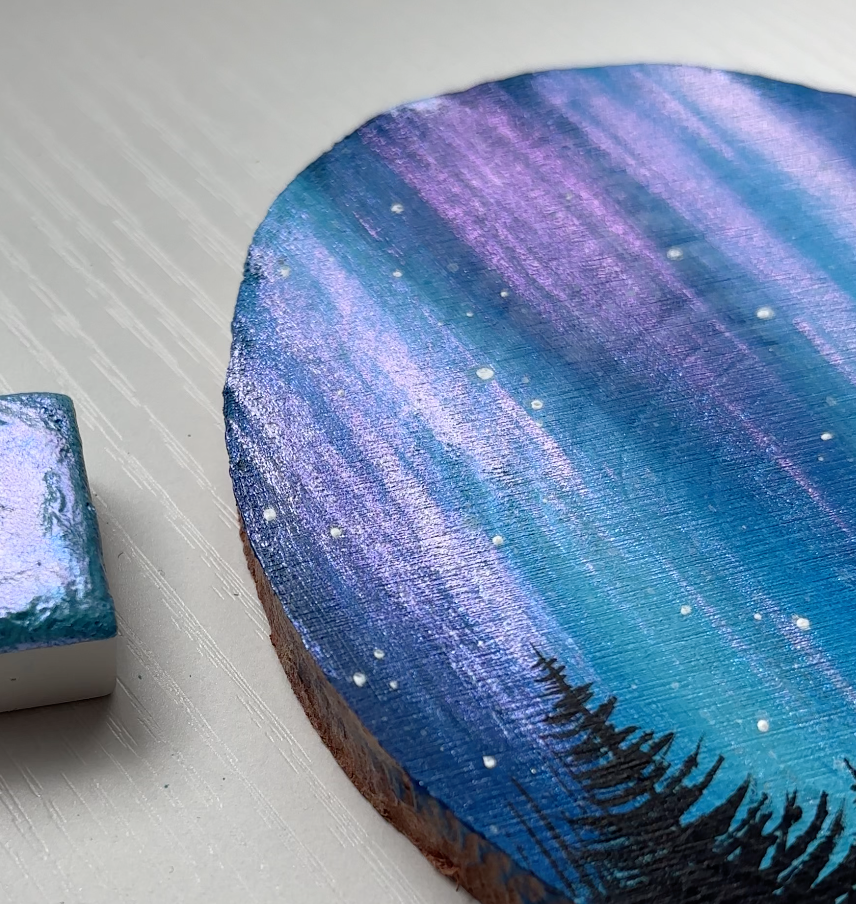 Northern Lights Forest - Original Wood Slice Acrylic Painting