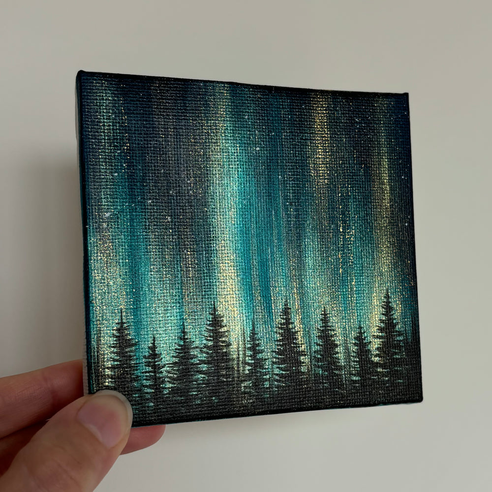 Turquoise Gold Northern Lights - Original Painting 4 x 4”