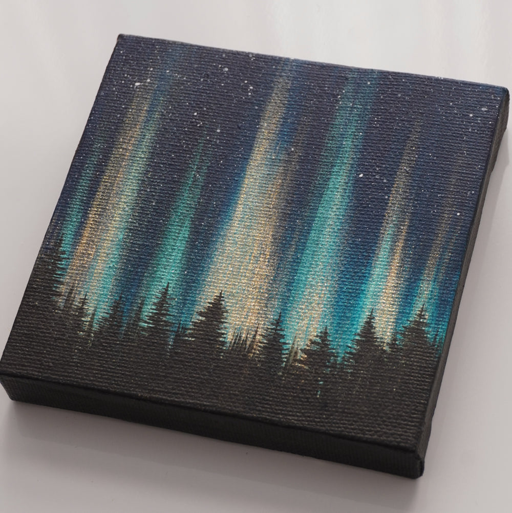 Gold Blue Green Northern Lights - Mini Original Acrylic Painting