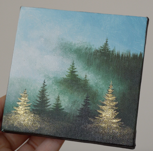 Misty Forest & Glowing Trees Painting