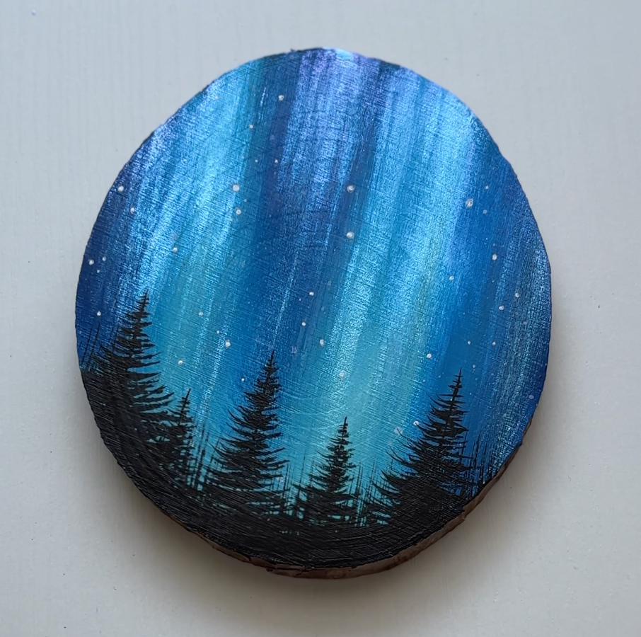 Northern Lights Forest  - Original Wood Slice Acrylic Painting