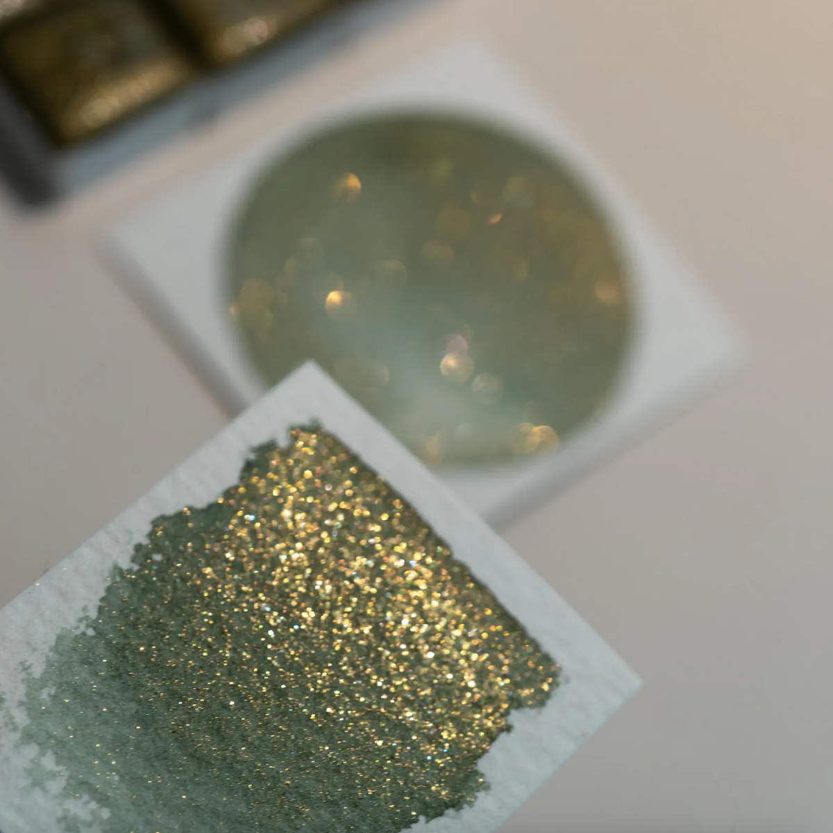 Forest Glow - Green Gold Shimmer Watercolor