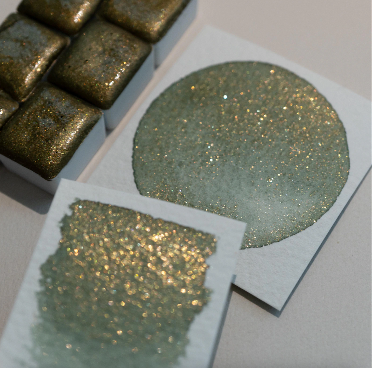 Forest Glow - Green Gold Shimmer Watercolor