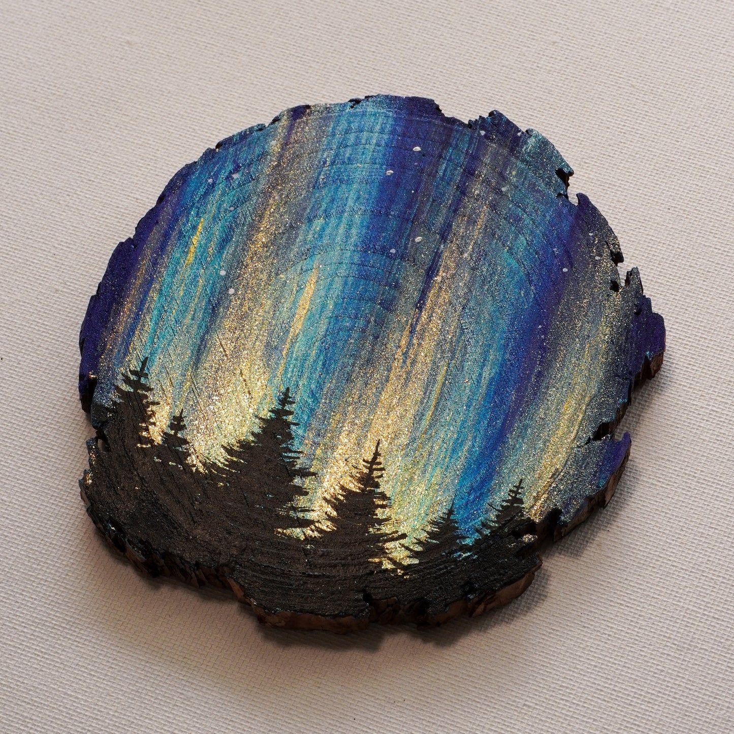 
                  
                    Northern Lights on Wood Slice - Original Painting
                  
                