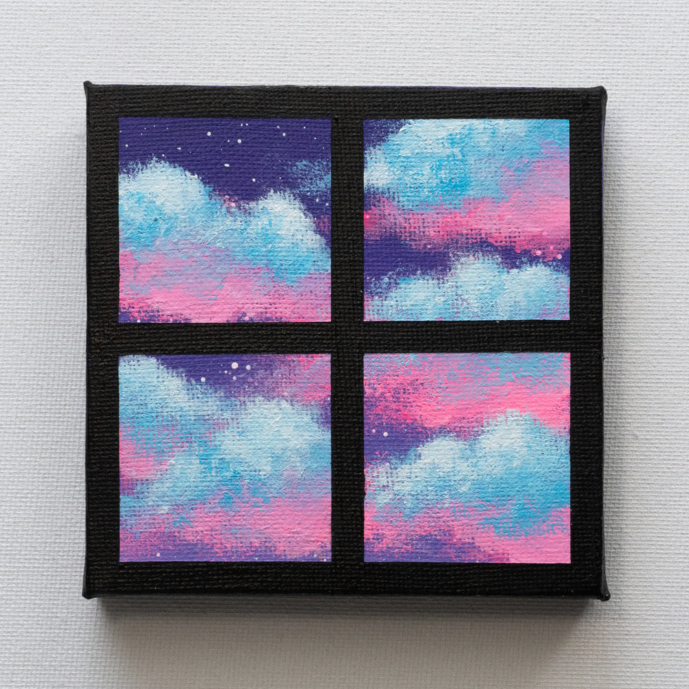 Pink Light Blue Clouds Window - Original Painting