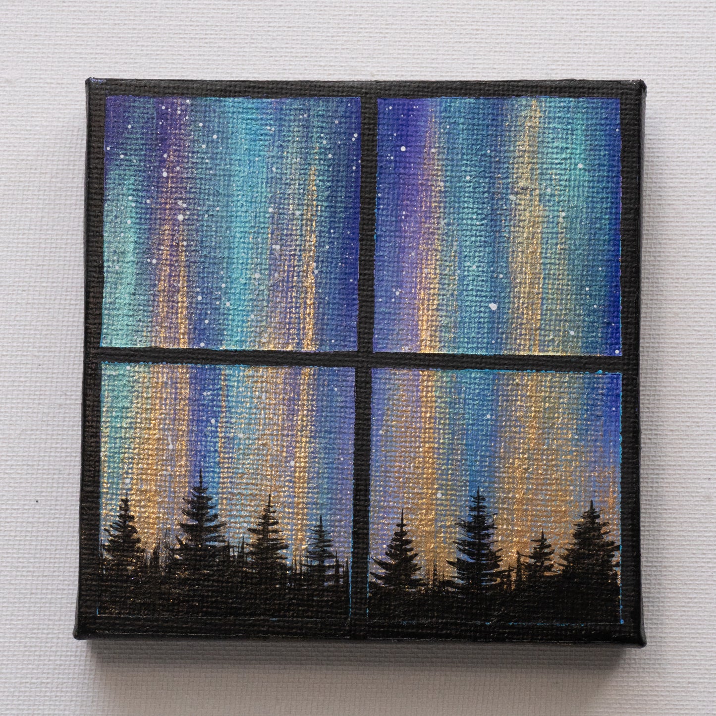 Turquoise Gold Northern Lights in a Window - Original Painting