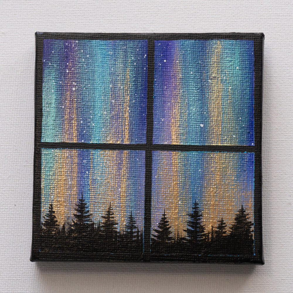 
                  
                    Turquoise Gold Northern Lights in a Window - Original Painting
                  
                