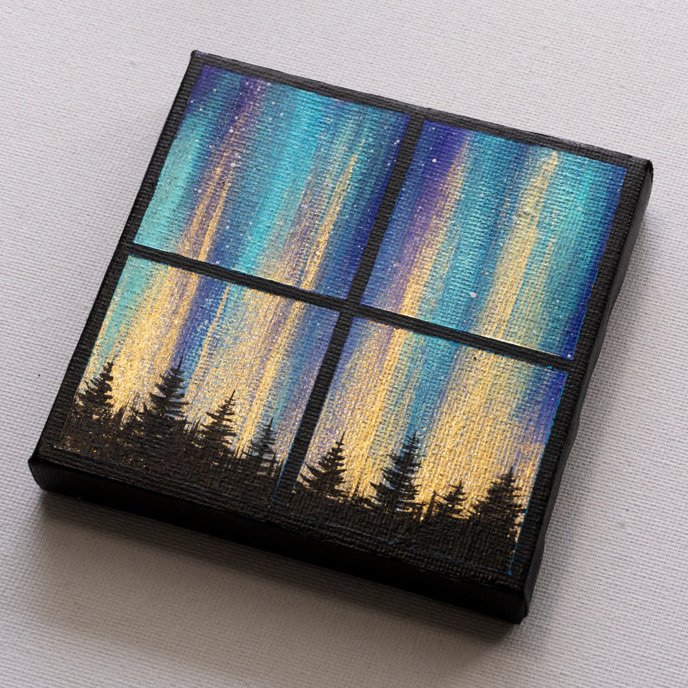 Turquoise Gold Northern Lights in a Window - Original Painting