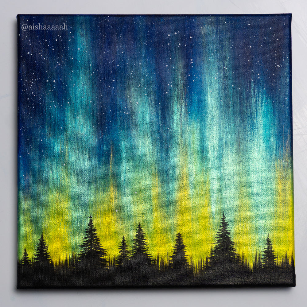Northern Lights Acrylic Painting - Blue Green Yellow