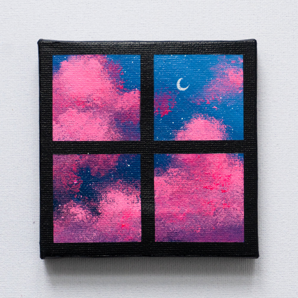 Window Acrylic Painting - Bright Pink Blue Dreamy Clouds